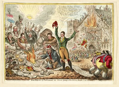 Ware hervorming van het parlement, d.w.z. patriotten die een revolutionair vreugdevuur aansteken op New Palace Yard door James Gillray